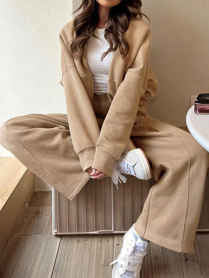 GAOVOT Women's Sweatshirt Two Pieces Fall/Winter Casual Casual Commuting Street Stand Collar Cardigan Coat And Loose Wide Leg Straight Pant Suit