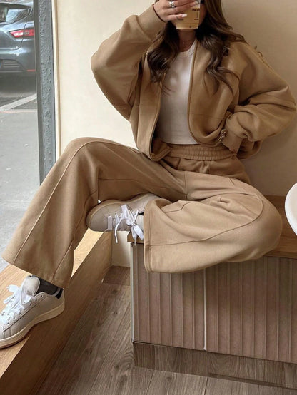 GAOVOT Women's Sweatshirt Two Pieces Fall/Winter Casual Casual Commuting Street Stand Collar Cardigan Coat And Loose Wide Leg Straight Pant Suit