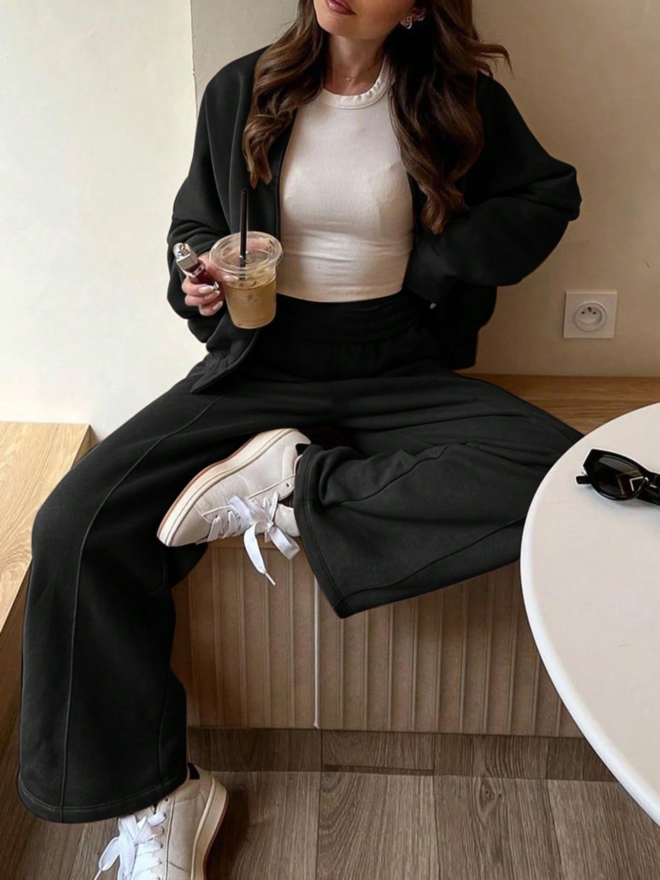 GAOVOT Women's Sweatshirt Two Pieces Fall/Winter Casual Casual Commuting Street Stand Collar Cardigan Coat And Loose Wide Leg Straight Pant Suit