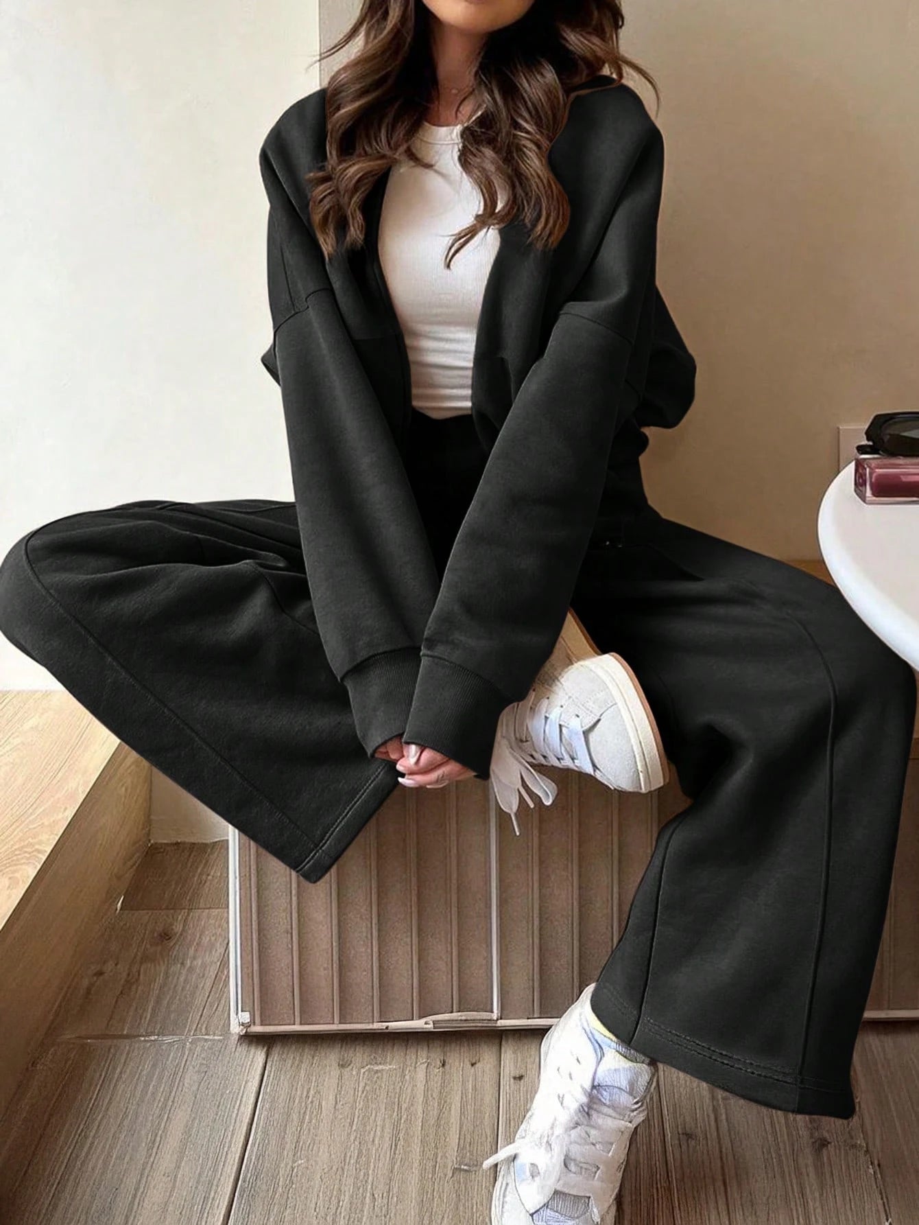 GAOVOT Women's Sweatshirt Two Pieces Fall/Winter Casual Casual Commuting Street Stand Collar Cardigan Coat And Loose Wide Leg Straight Pant Suit