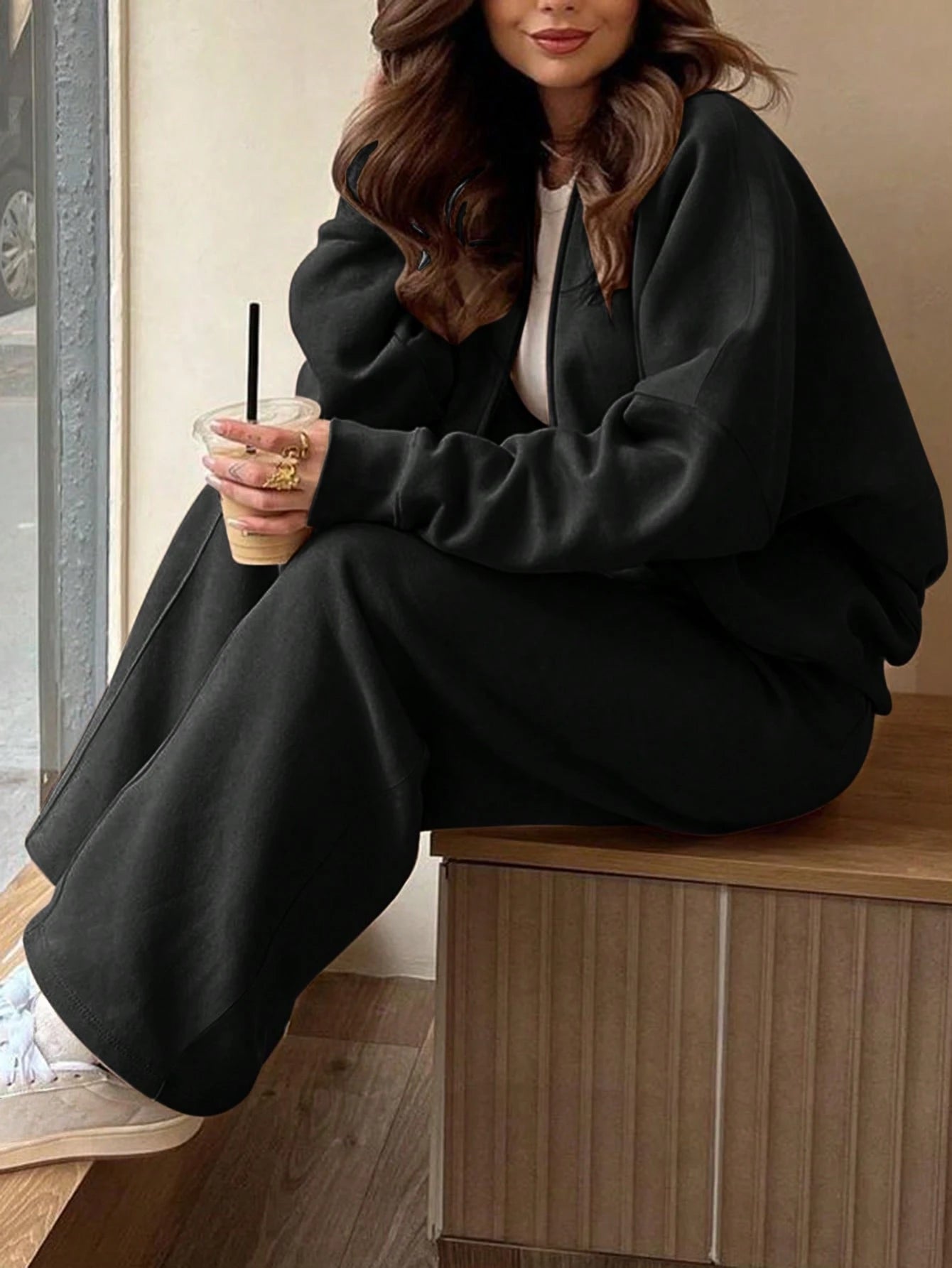 GAOVOT Women's Sweatshirt Two Pieces Fall/Winter Casual Casual Commuting Street Stand Collar Cardigan Coat And Loose Wide Leg Straight Pant Suit