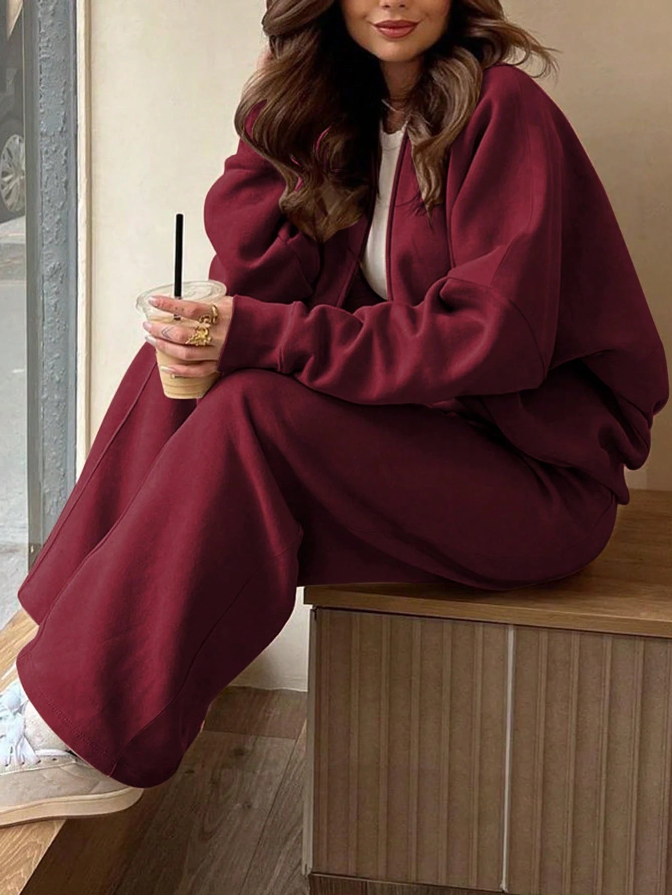 GAOVOT Women's Sweatshirt Two Pieces Fall/Winter Casual Casual Commuting Street Stand Collar Cardigan Coat And Loose Wide Leg Straight Pant Suit