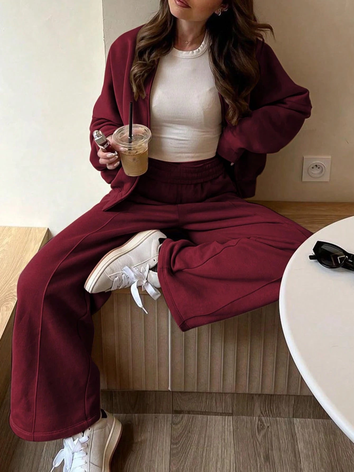 GAOVOT Women's Sweatshirt Two Pieces Fall/Winter Casual Casual Commuting Street Stand Collar Cardigan Coat And Loose Wide Leg Straight Pant Suit