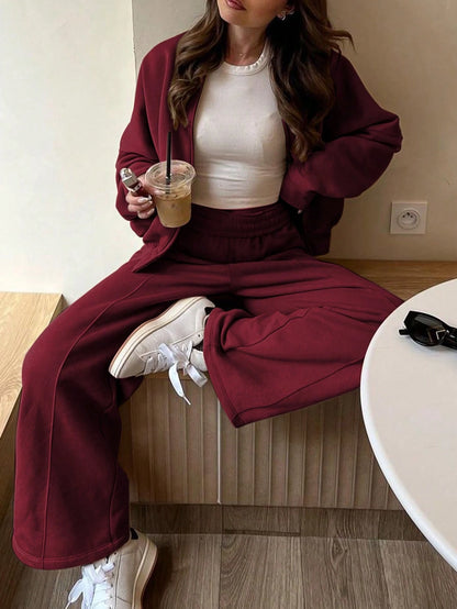 GAOVOT Women's Sweatshirt Two Pieces Fall/Winter Casual Casual Commuting Street Stand Collar Cardigan Coat And Loose Wide Leg Straight Pant Suit