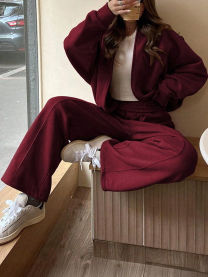 GAOVOT Women's Sweatshirt Two Pieces Fall/Winter Casual Casual Commuting Street Stand Collar Cardigan Coat And Loose Wide Leg Straight Pant Suit