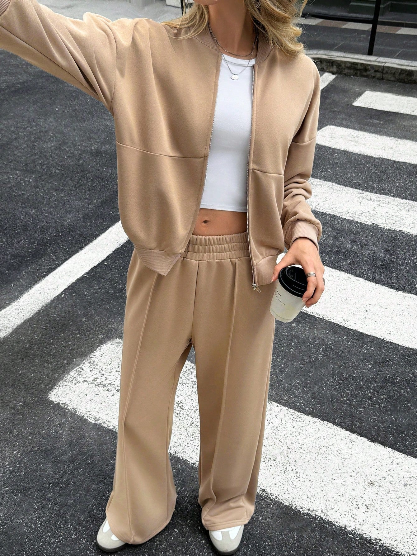 GAOVOT Women's Sweatshirt Two Pieces Fall/Winter Casual Casual Commuting Street Stand Collar Cardigan Coat And Loose Wide Leg Straight Pant Suit