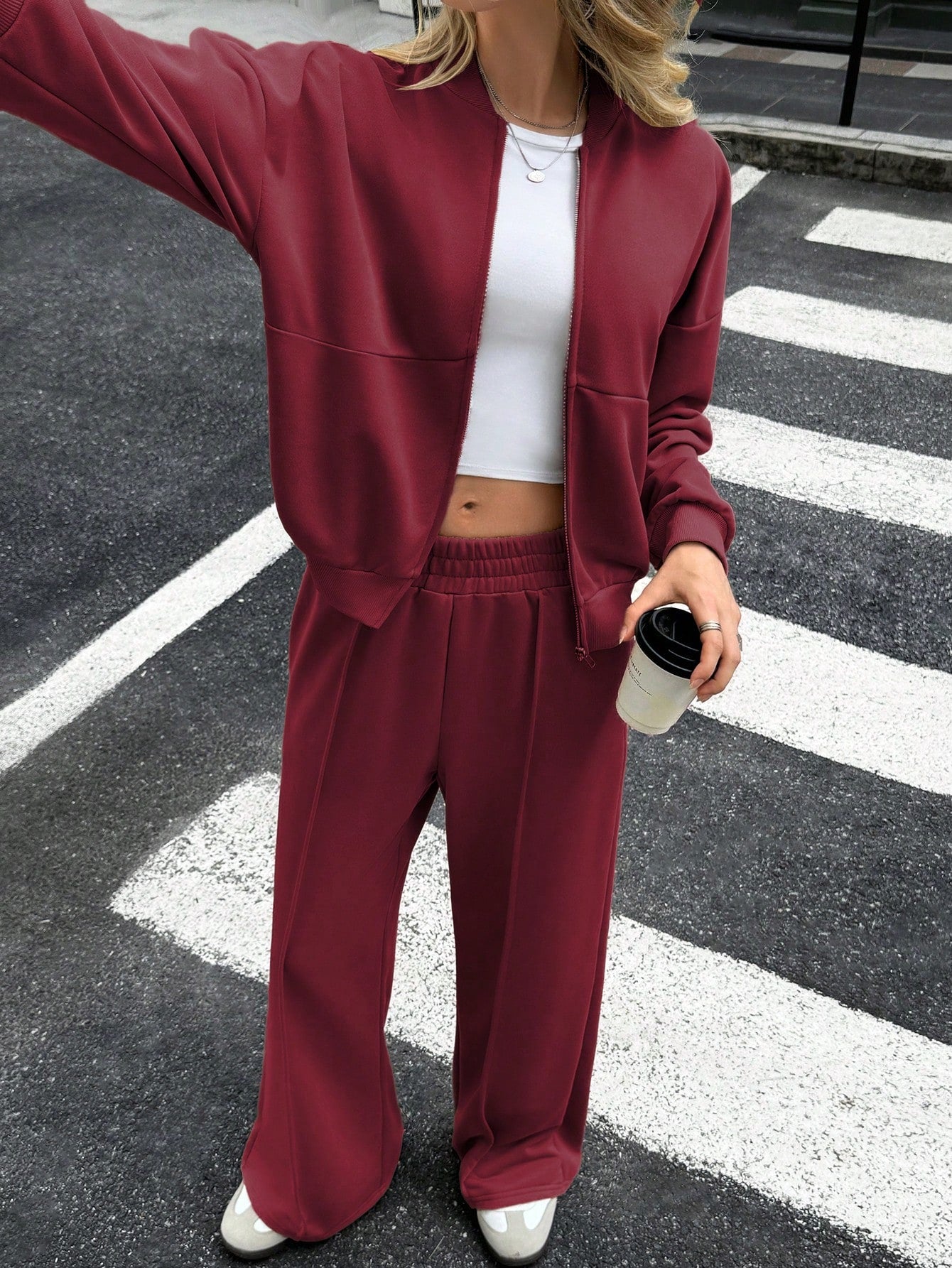 GAOVOT Women's Sweatshirt Two Pieces Fall/Winter Casual Casual Commuting Street Stand Collar Cardigan Coat And Loose Wide Leg Straight Pant Suit