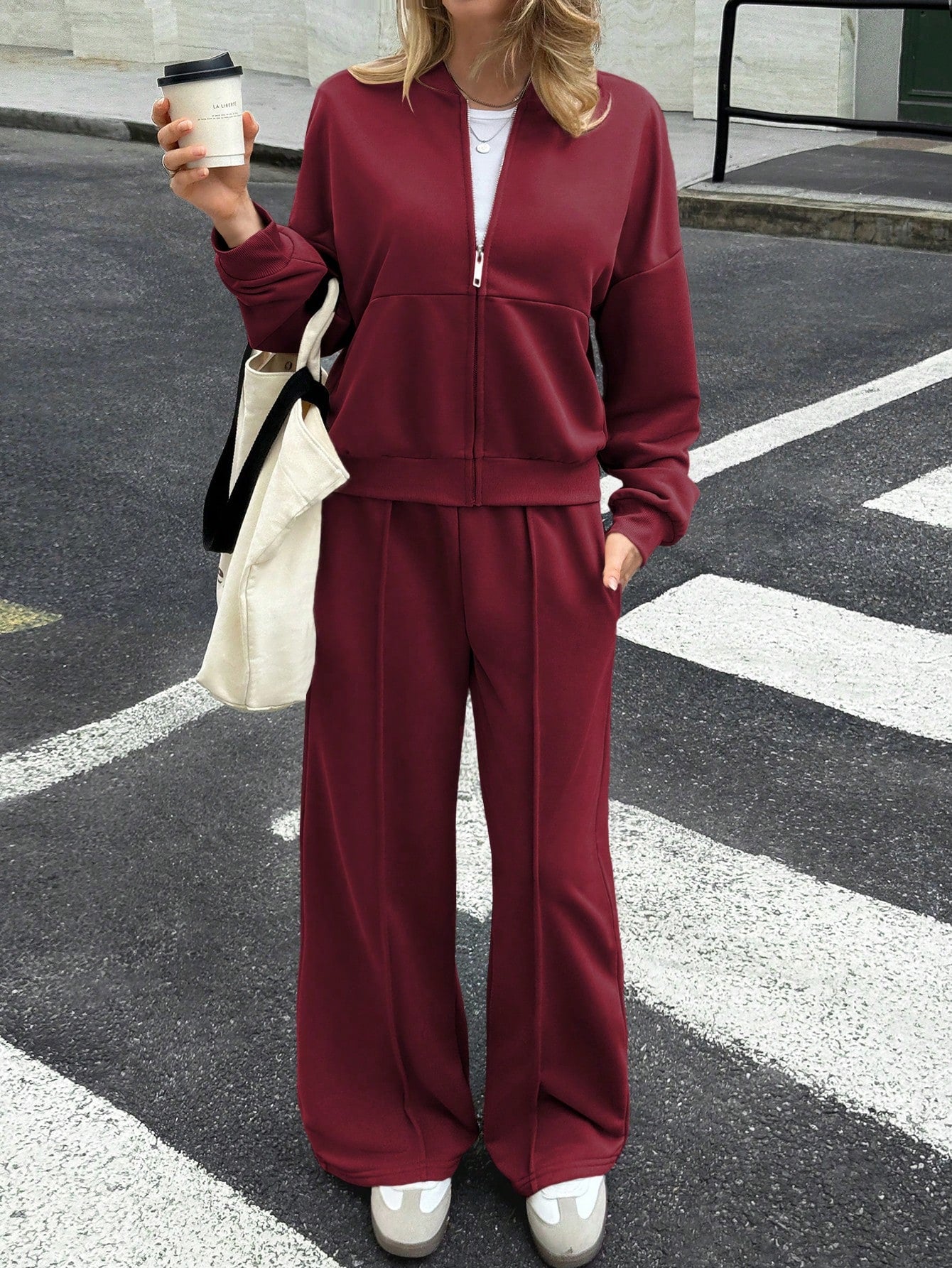 GAOVOT Women's Sweatshirt Two Pieces Fall/Winter Casual Casual Commuting Street Stand Collar Cardigan Coat And Loose Wide Leg Straight Pant Suit