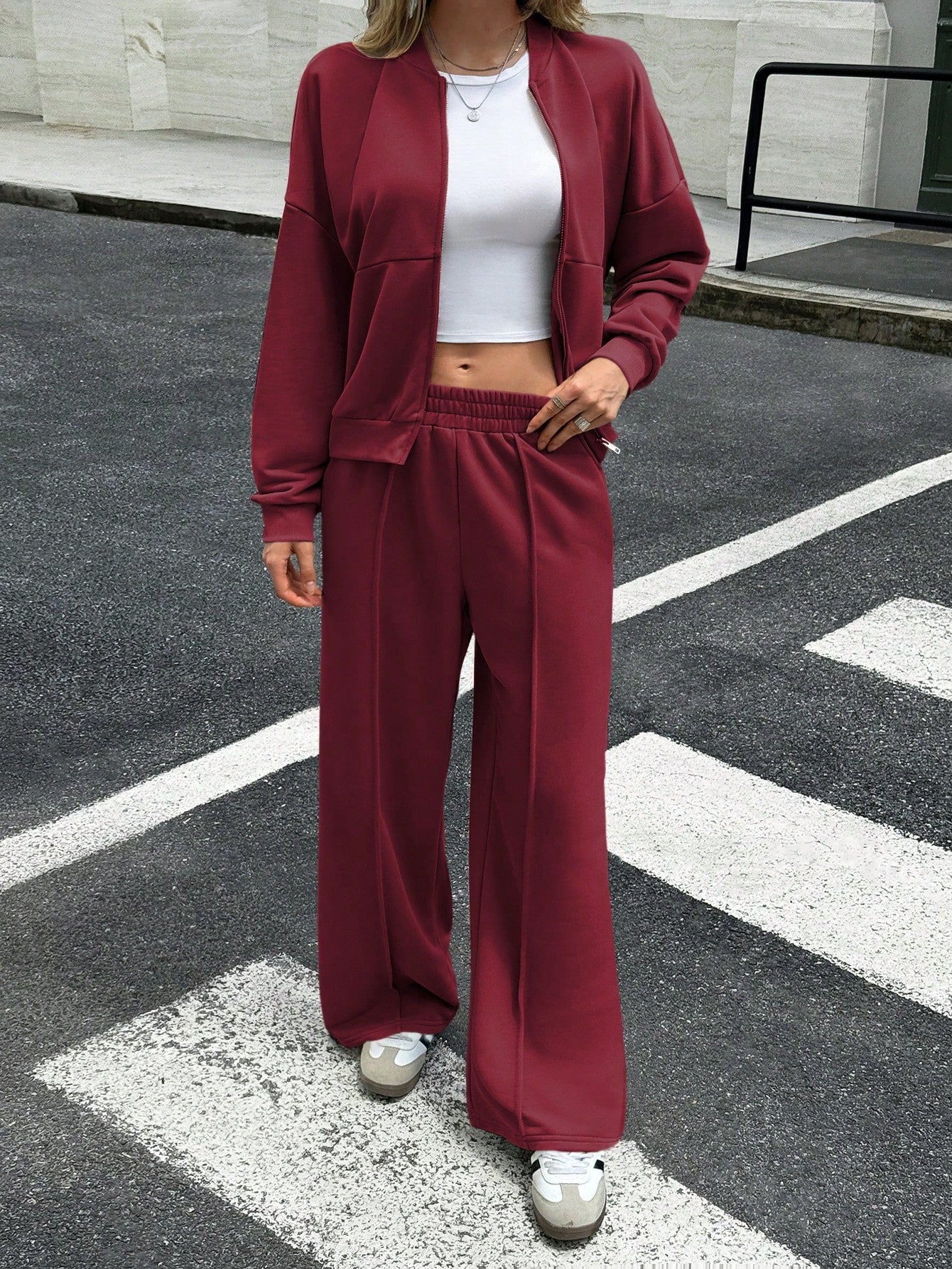 GAOVOT Women's Sweatshirt Two Pieces Fall/Winter Casual Casual Commuting Street Stand Collar Cardigan Coat And Loose Wide Leg Straight Pant Suit