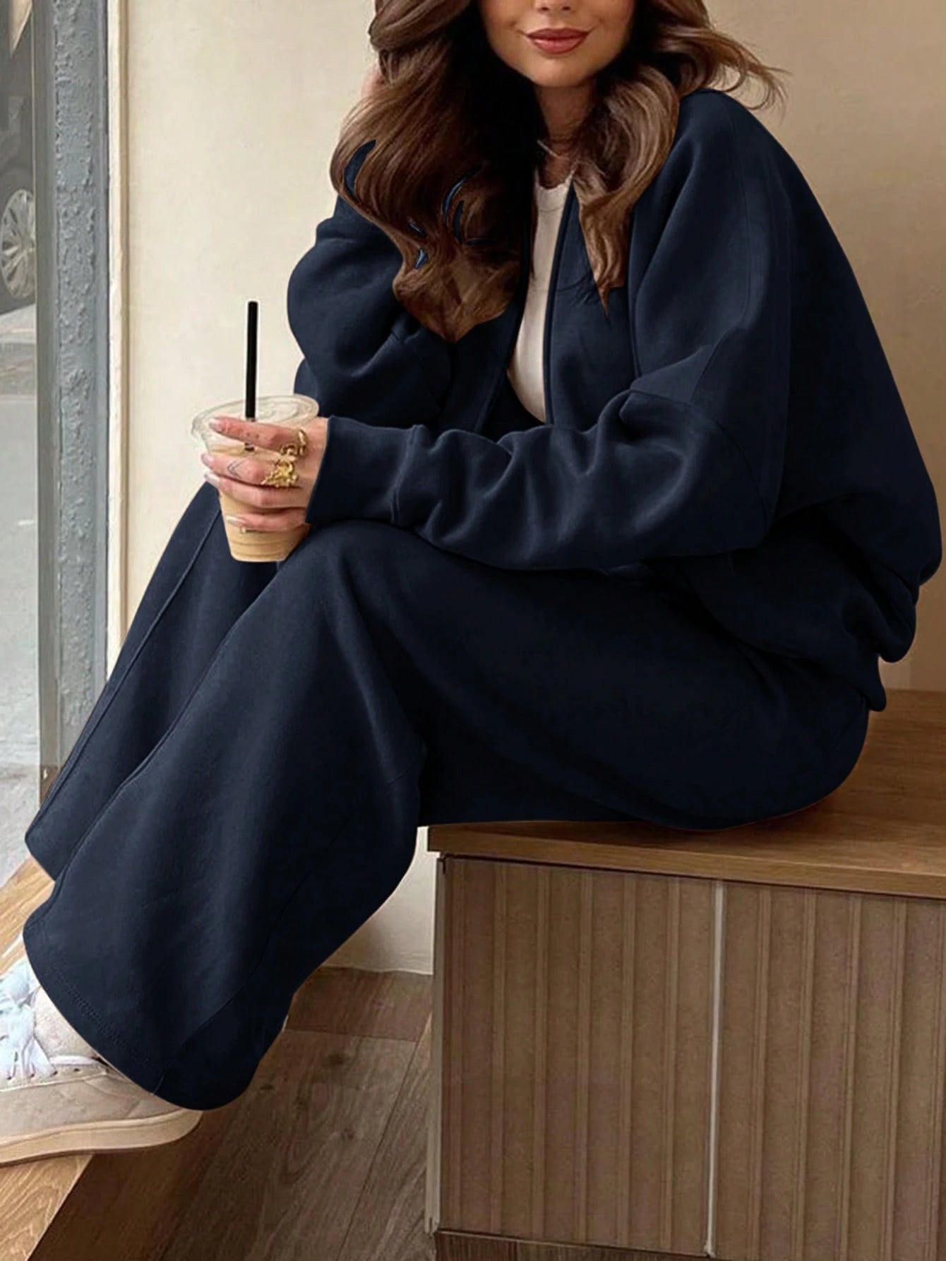 GAOVOT Women's Sweatshirt Two Pieces Fall/Winter Casual Casual Commuting Street Stand Collar Cardigan Coat And Loose Wide Leg Straight Pant Suit