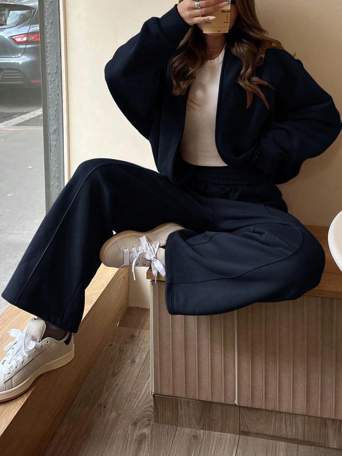 GAOVOT Women's Sweatshirt Two Pieces Fall/Winter Casual Casual Commuting Street Stand Collar Cardigan Coat And Loose Wide Leg Straight Pant Suit