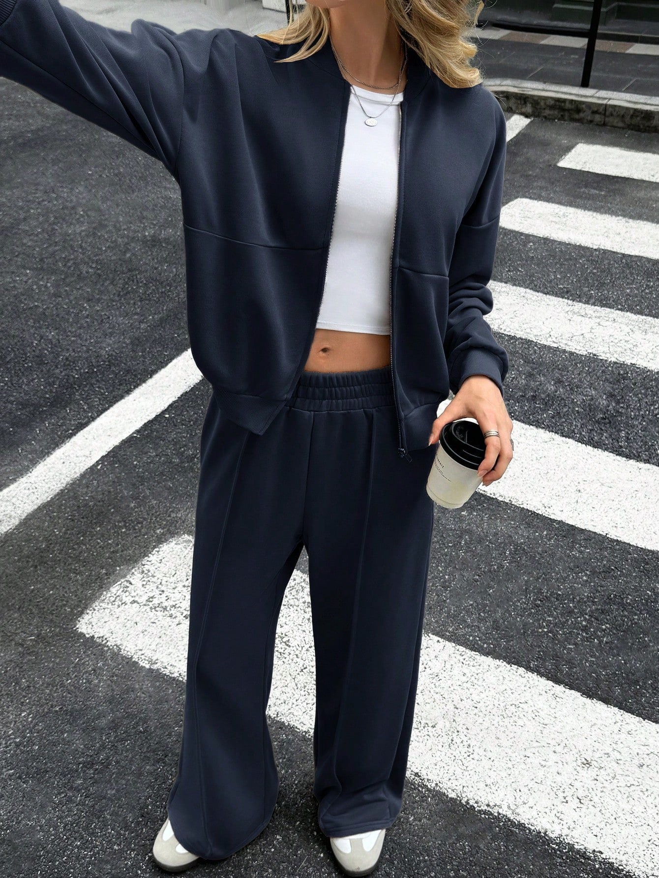 GAOVOT Women's Sweatshirt Two Pieces Fall/Winter Casual Casual Commuting Street Stand Collar Cardigan Coat And Loose Wide Leg Straight Pant Suit