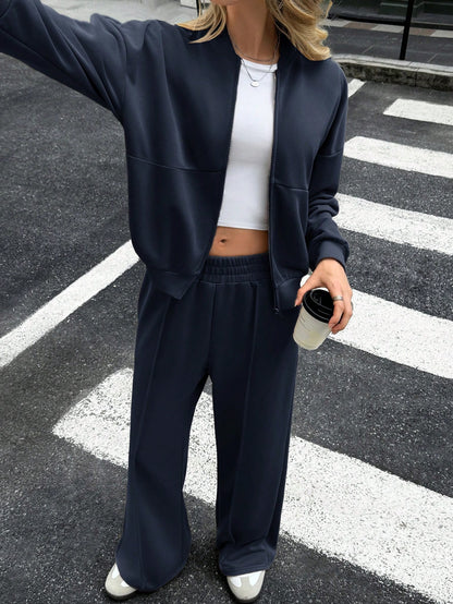 GAOVOT Women's Sweatshirt Two Pieces Fall/Winter Casual Casual Commuting Street Stand Collar Cardigan Coat And Loose Wide Leg Straight Pant Suit