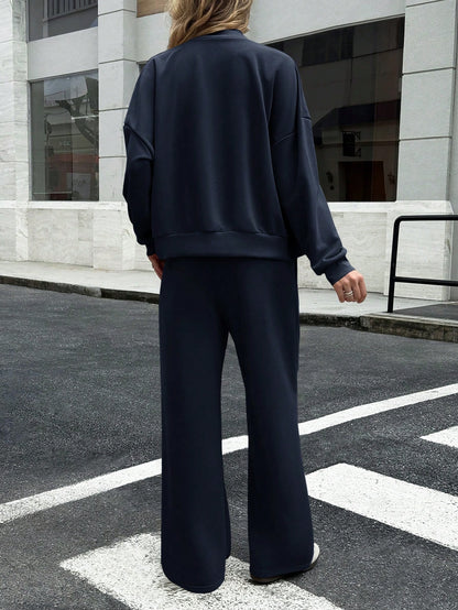 GAOVOT Women's Sweatshirt Two Pieces Fall/Winter Casual Casual Commuting Street Stand Collar Cardigan Coat And Loose Wide Leg Straight Pant Suit