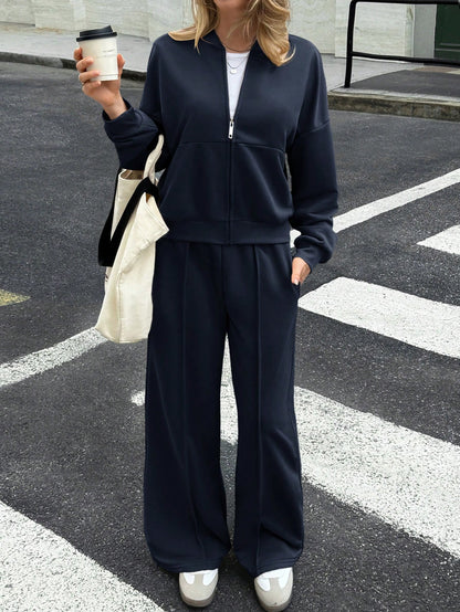 GAOVOT Women's Sweatshirt Two Pieces Fall/Winter Casual Casual Commuting Street Stand Collar Cardigan Coat And Loose Wide Leg Straight Pant Suit