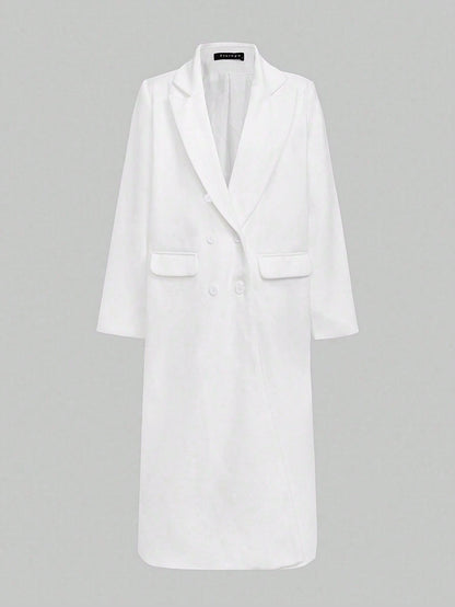 Elegant Minimalist High-End Vintage Commuting Elegant Long Coat, White Loose Overcoat, Black