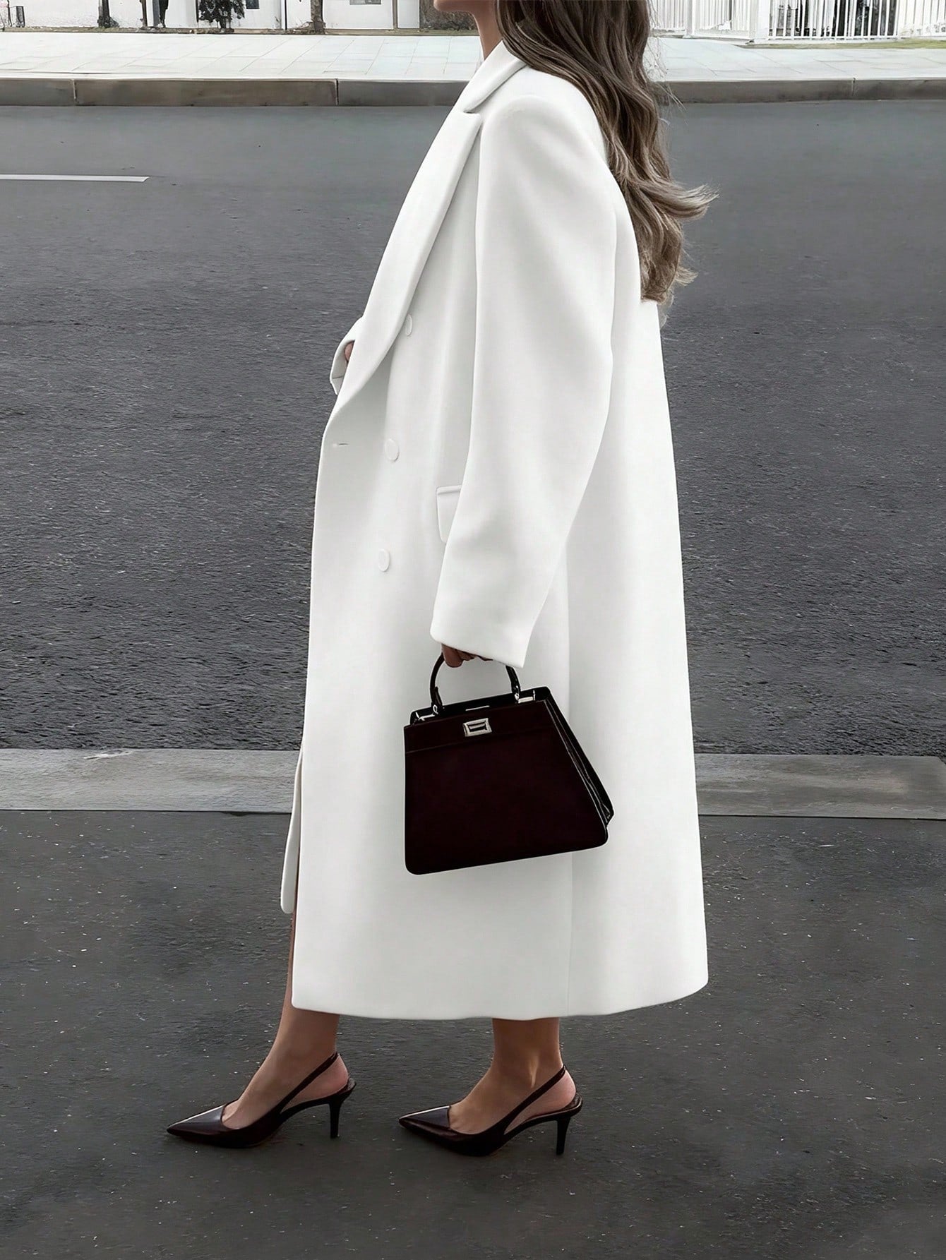Elegant Minimalist High-End Vintage Commuting Elegant Long Coat, White Loose Overcoat, Black