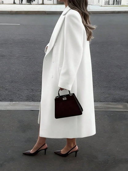 Elegant Minimalist High-End Vintage Commuting Elegant Long Coat, White Loose Overcoat, Black