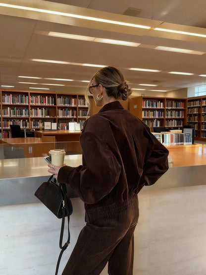 Christmas Women Corduroy 2 Pieces Set - Vintage Casual Brown Lapel Long Sleeve Jacket Coat - Elastic Waist Corduroy Pants, Autumn/Winter