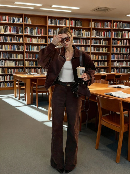 Christmas Women Corduroy 2 Pieces Set - Vintage Casual Brown Lapel Long Sleeve Jacket Coat - Elastic Waist Corduroy Pants, Autumn/Winter