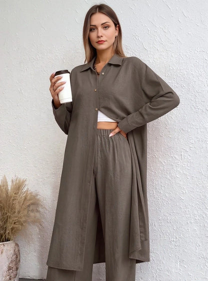 Long Drop-Shoulder Shirt & Wide-Leg Pant Set