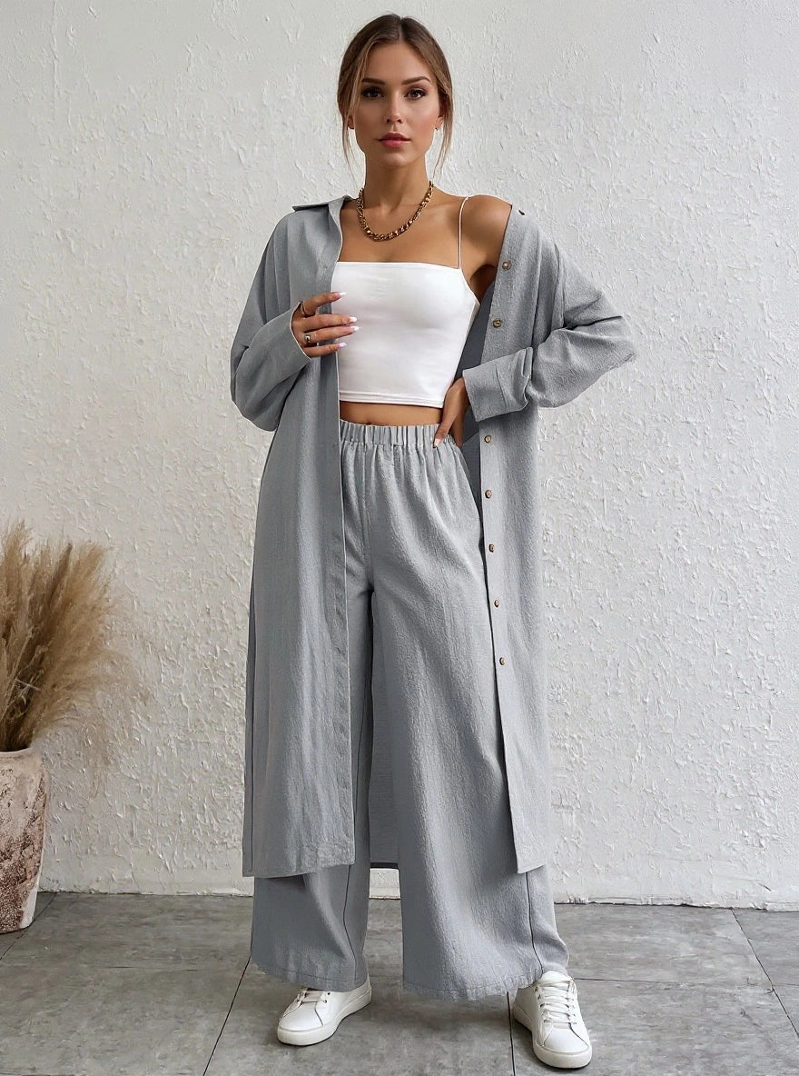 Long Drop-Shoulder Shirt & Wide-Leg Pant Set