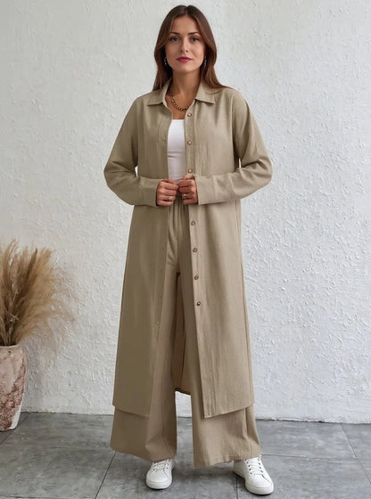 Long Drop-Shoulder Shirt & Wide-Leg Pant Set