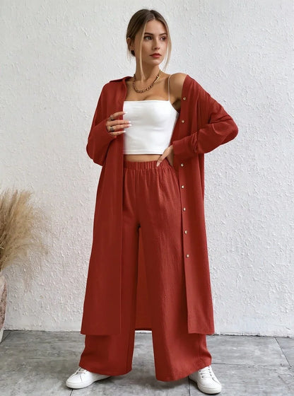 Long Drop-Shoulder Shirt & Wide-Leg Pant Set