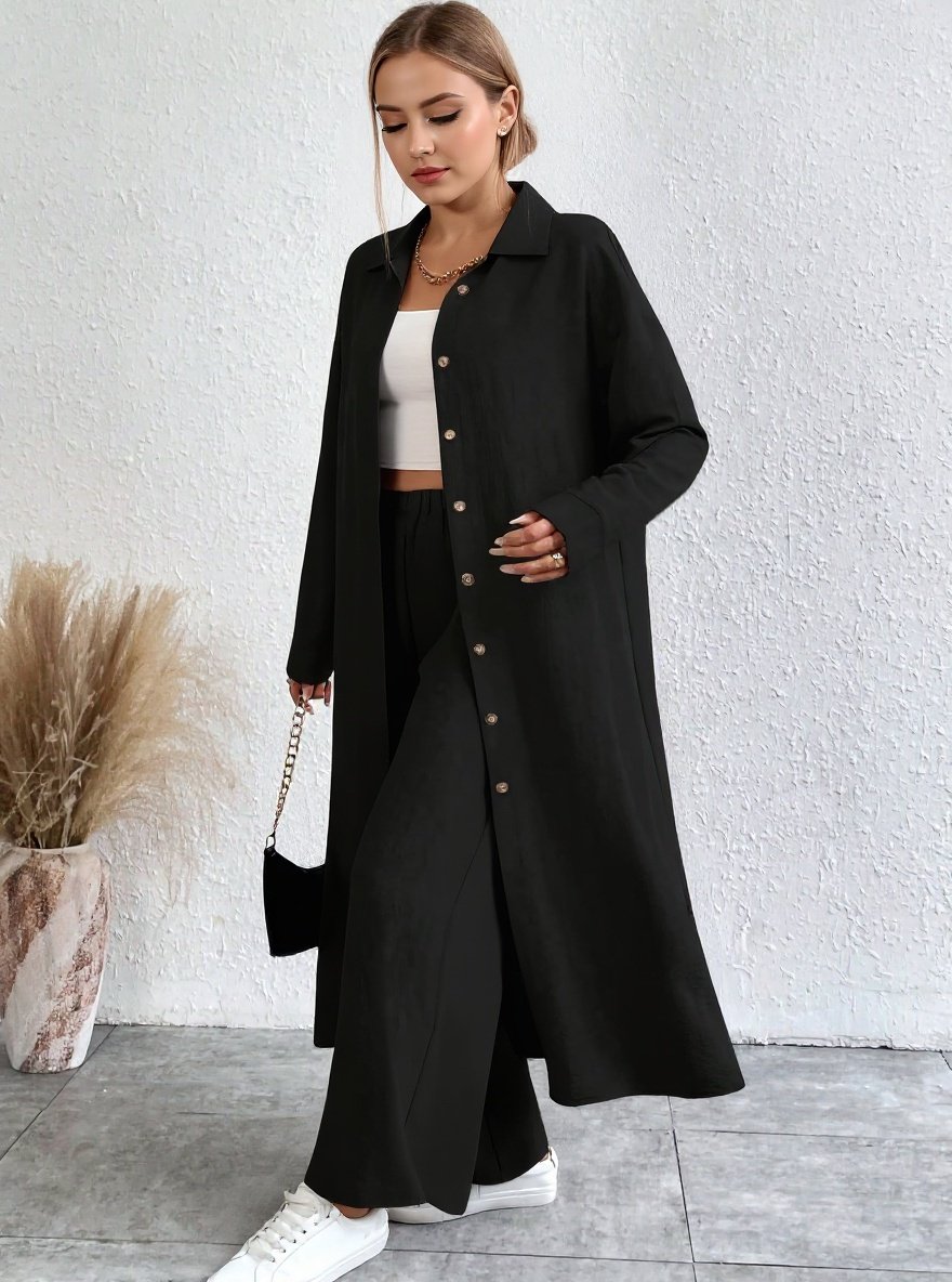 Long Drop-Shoulder Shirt & Wide-Leg Pant Set
