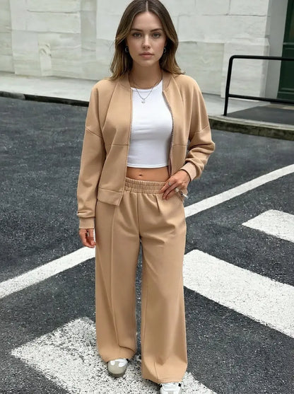 Stand-Collar Zip Cardigan & Wide-Leg Pant Set