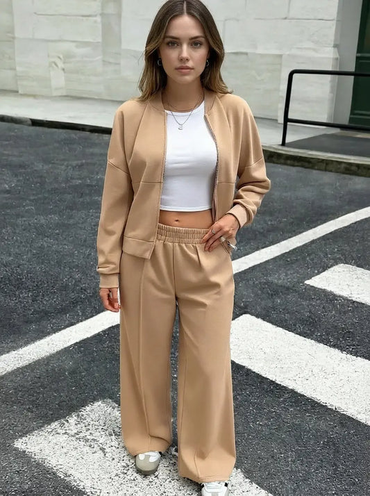 Stand-Collar Zip Cardigan & Wide-Leg Pant Set